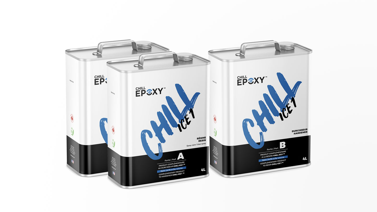 CHILL ICE 1™ is a low viscosity, optical quality, transparent epoxy resin. Ideal to fill deeper and larger cracks with resin (max 1.25 inch thick), build small/medium projects or river tables up to 1.25 inch thick.