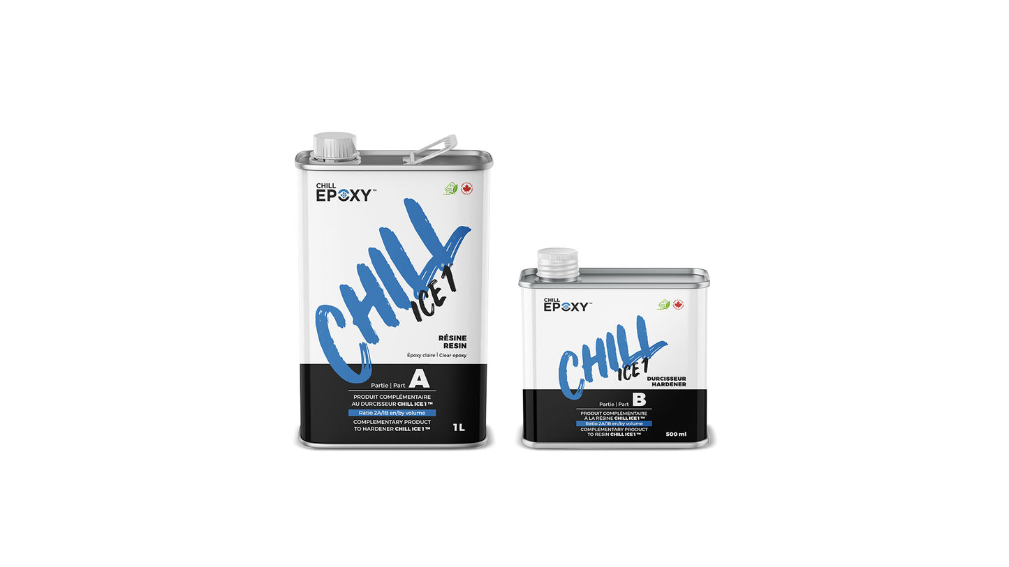 CHILL ICE 1™ is a low viscosity, optical quality, transparent epoxy resin. Ideal to fill deeper and larger cracks with resin (max 1.25 inch thick), build small/medium projects or river tables up to 1.25 inch thick.