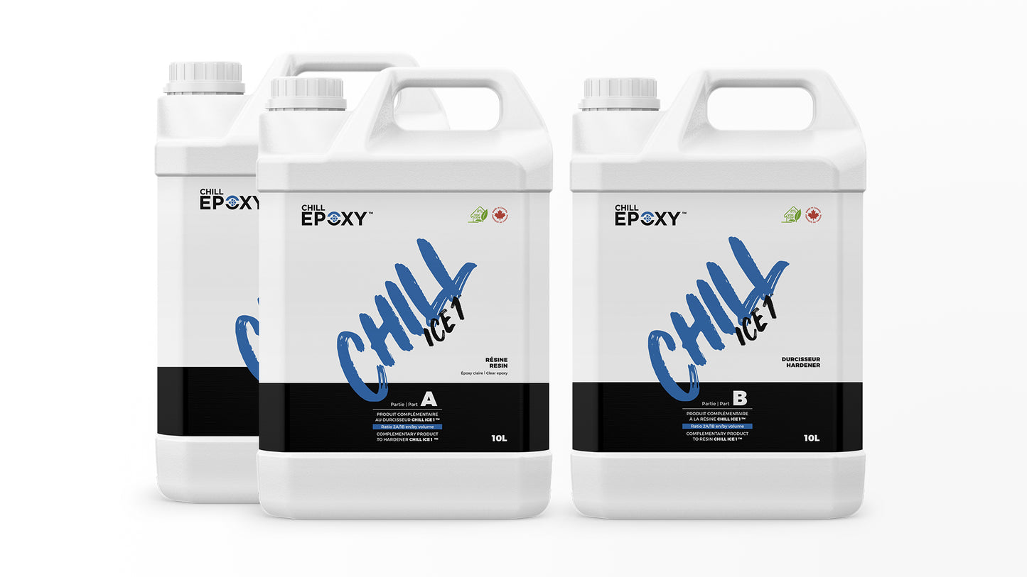 CHILL ICE 1™ is a low viscosity, optical quality, transparent epoxy resin. Ideal to fill deeper and larger cracks with resin (max 1.25 inch thick), build small/medium projects or river tables up to 1.25 inch thick.