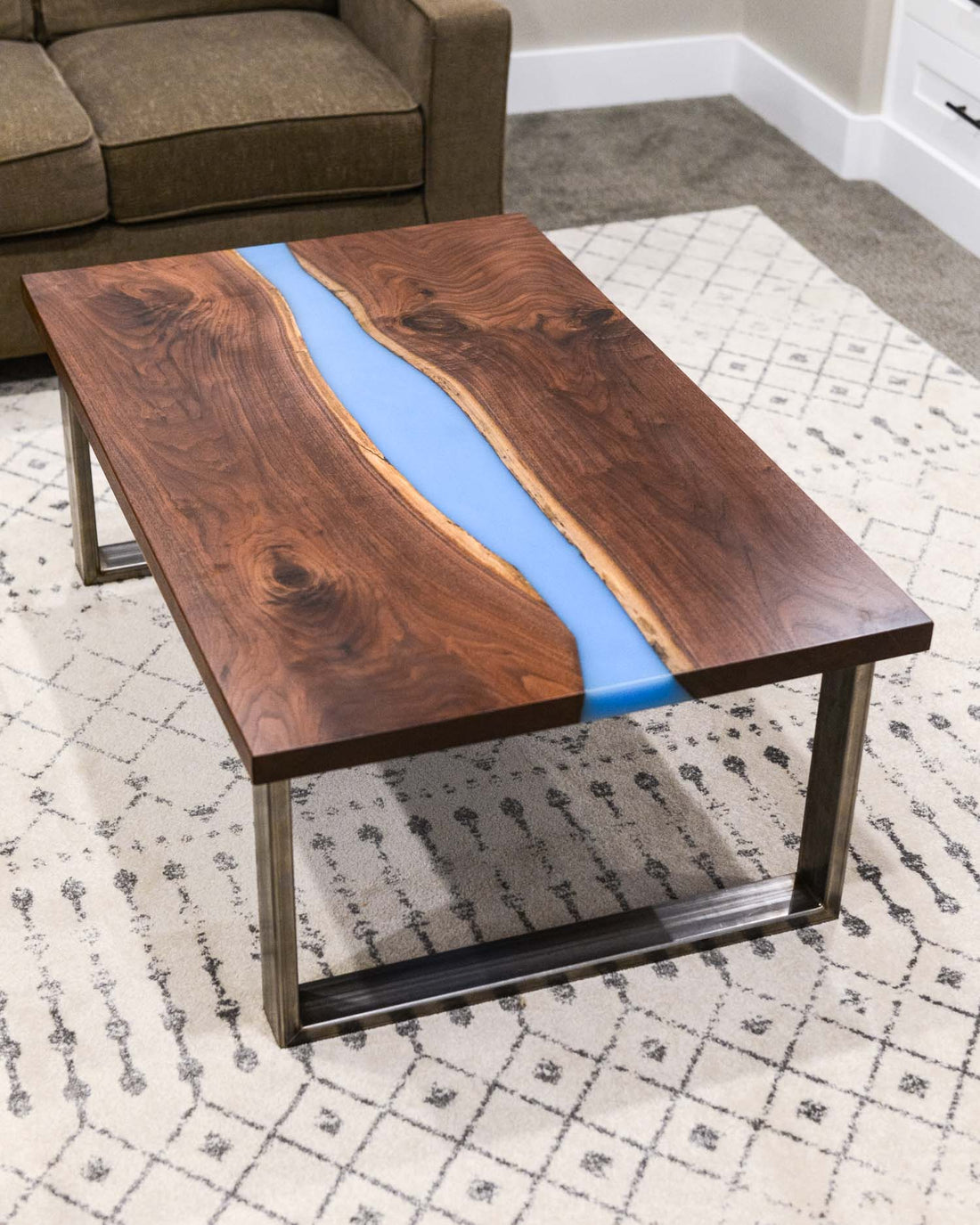 Walnut and Blue Epoxy Table with Stainless Steel Legs