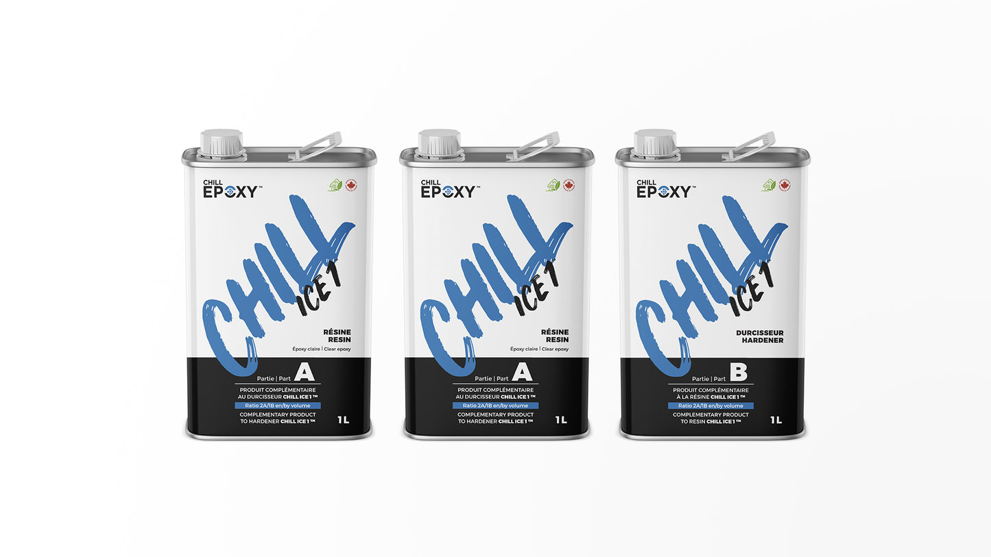 CHILL ICE 1™ is a low viscosity, optical quality, transparent epoxy resin. Ideal to fill deeper and larger cracks with resin (max 1.25 inch thick), build small/medium projects or river tables up to 1.25 inch thick.